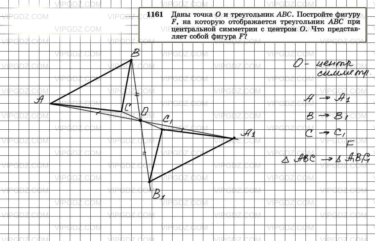 Перерисуйте рисунок 158 в тетрадь и постройте фигуру симметричную треугольнику авс относительно 0
